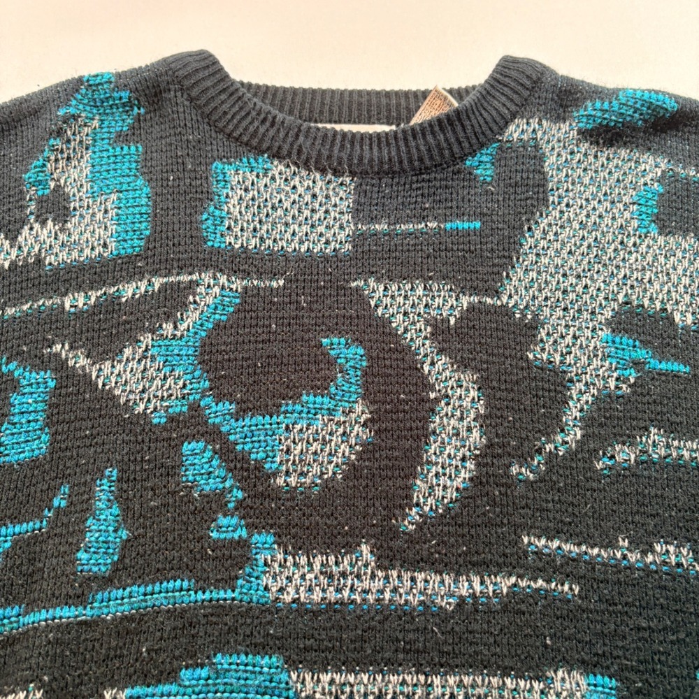 Saturdays Vintage Sweater Mens Large Geometric Abstract Knit Crewneck 90s Teal
